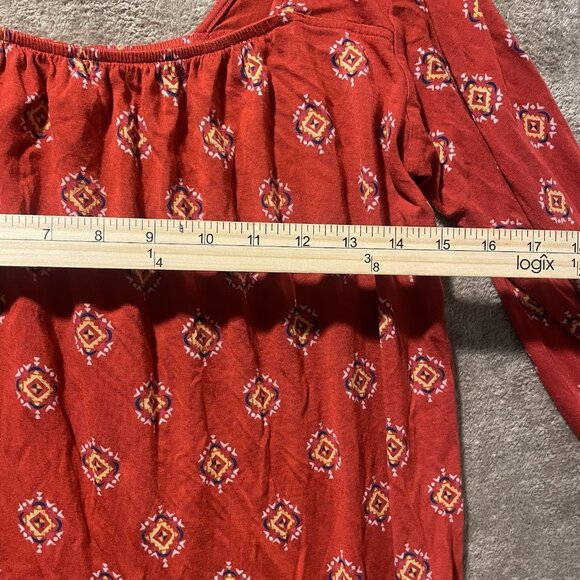 Old Navy Shirt Womens Small Red Tribal Print Long Sleeve Top Square Neck Stretch - Picture 7 of 8